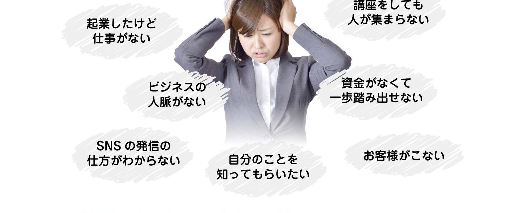 講座をしても人が集まらない/起業したけど仕事がない/ビジネスの人脈がない/資金がなくて一歩踏み出せない/SNSの発信の仕方がわからない/自分のことを知ってもらいたい/お客様がこない